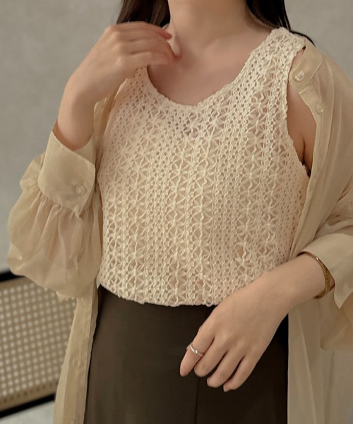 apres jour clair（アプレジュールクレア）の「【apres jour clair】かぎ針編み風タンク【ZOZOTOWN限定アイテム】（タンクトップ・レディース・モカ/オレンジ/アイボリー・X-LARGE/フリー）」の4枚目の写真