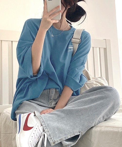 SHEENA（シーナ）の「綿100％、バックロゴプリントBIGＴシャツ（Tシャツ/カットソー・レディース・ホワイト/ブルー系その他/ブラック/チャコールグレー・M）」の13枚目の写真