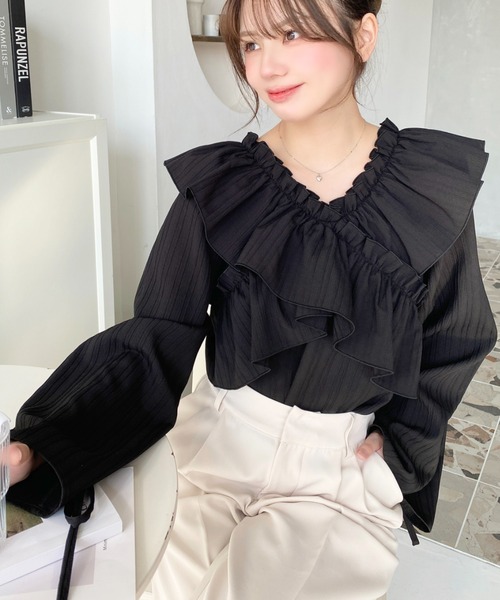 moment+(モーメントプラス)の「【累計販売枚数3万枚突破!】ドビーストライプマルチウェイオフショルフリルリボンショート丈長袖ブラウス(シャツ/ブラウス・レディース・オフホワイト/サックスブルー/ブラック/ピンク/イエロー/ボルドー/ブラウン/ネイビー・M/L)」の20枚目の写真