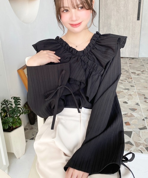 moment+(モーメントプラス)の「【累計販売枚数3万枚突破!】ドビーストライプマルチウェイオフショルフリルリボンショート丈長袖ブラウス(シャツ/ブラウス・レディース・オフホワイト/サックスブルー/ブラック/ピンク/イエロー/ボルドー/ブラウン/ネイビー・M/L)」の22枚目の写真