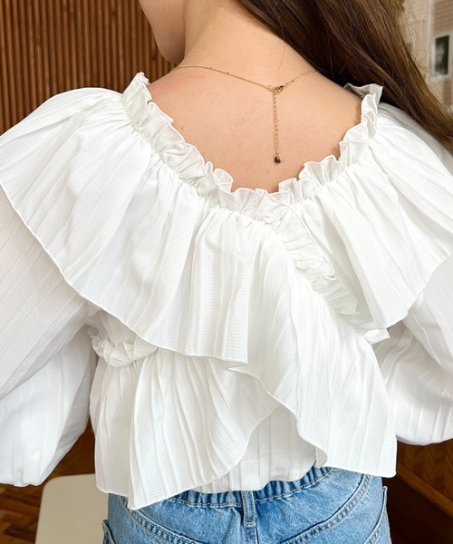 moment+(モーメントプラス)の「【累計販売枚数3万枚突破!】ドビーストライプマルチウェイオフショルフリルリボンショート丈長袖ブラウス(シャツ/ブラウス・レディース・オフホワイト/サックスブルー/ブラック/ピンク/イエロー/ボルドー/ブラウン/ネイビー・M/L)」の15枚目の写真