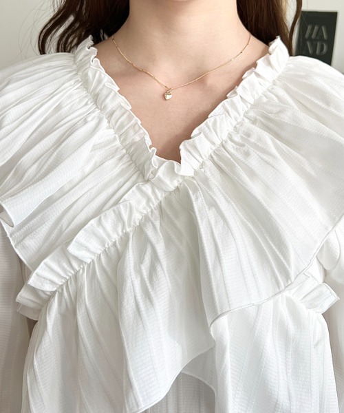 moment+(モーメントプラス)の「【累計販売枚数3万枚突破!】ドビーストライプマルチウェイオフショルフリルリボンショート丈長袖ブラウス(シャツ/ブラウス・レディース・オフホワイト/サックスブルー/ブラック/ピンク/イエロー/ボルドー/ブラウン/ネイビー・M/L)」の11枚目の写真