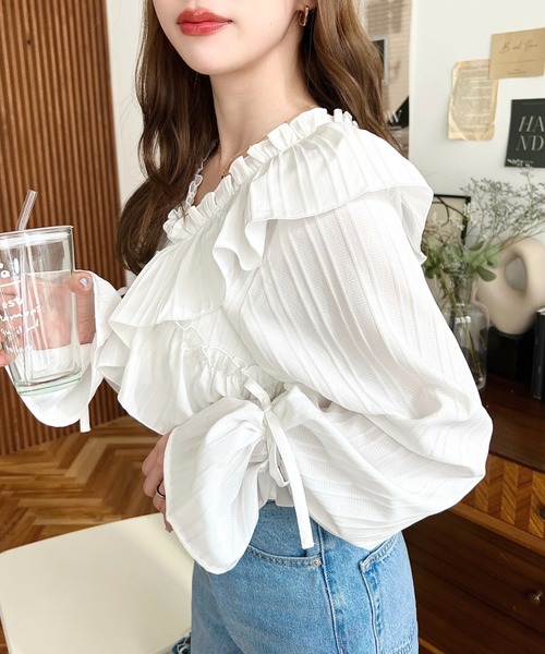 moment+(モーメントプラス)の「【累計販売枚数3万枚突破!】ドビーストライプマルチウェイオフショルフリルリボンショート丈長袖ブラウス(シャツ/ブラウス・レディース・オフホワイト/サックスブルー/ブラック/ピンク/イエロー/ボルドー/ブラウン/ネイビー・M/L)」の18枚目の写真