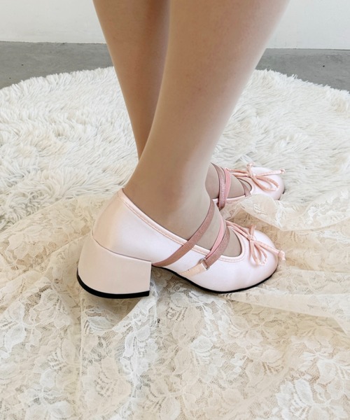 リボンヒール セール】レースアップリボンヒールバレエシューズ（パンプス