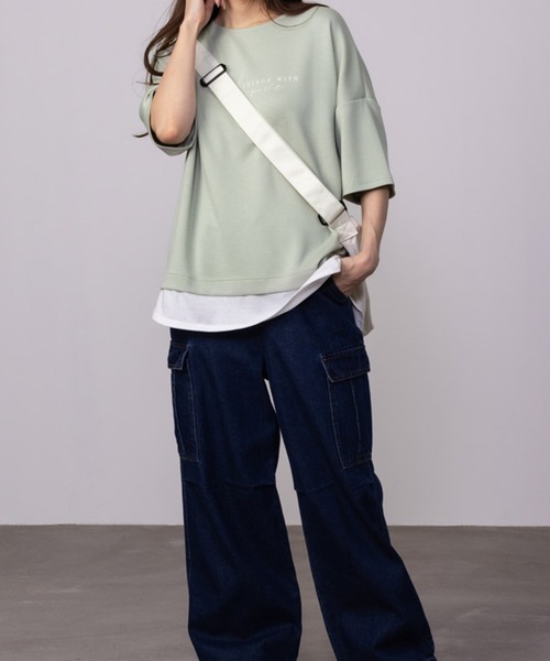 URBAN COLLECTION（アーバンコレクション）の「URBAN COLLECTION エアスムージー　フェイクレイヤードプリント入りTシャツ（Tシャツ/カットソー・レディース・チャコールグレー/ベージュ/ライトグリーン/ラベンダー・フリー）」の6枚目の写真