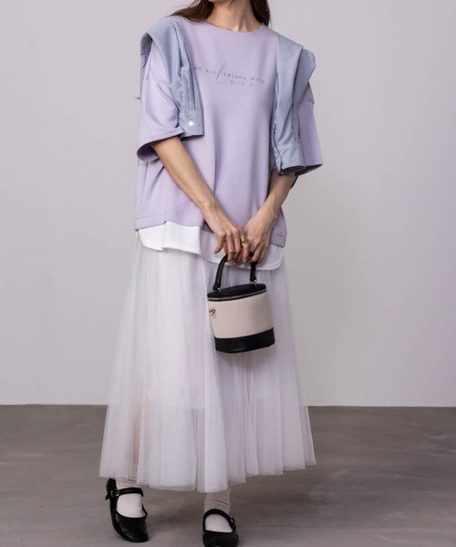 URBAN COLLECTION（アーバンコレクション）の「URBAN COLLECTION エアスムージー　フェイクレイヤードプリント入りTシャツ（Tシャツ/カットソー・レディース・チャコールグレー/ベージュ/ライトグリーン/ラベンダー・フリー）」の10枚目の写真