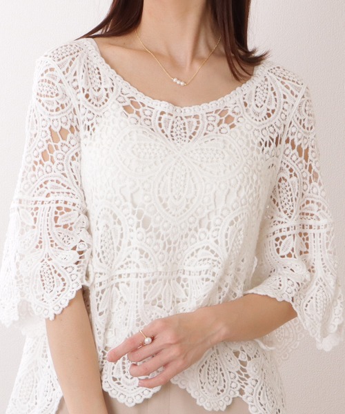 Lace Ladies(レースレディース)の「クロシェ編み スカラップ 7分袖 ショート トップス(その他トップス・レディース・アイボリー/ホワイト・FREE)」の2枚目の写真