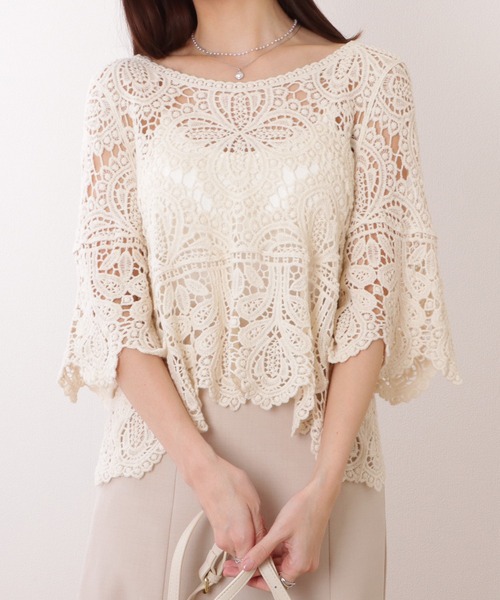 セール】クロシェ編み スカラップ 7分袖 ショート トップス（その他