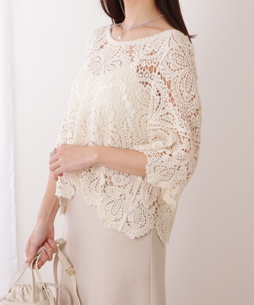 Lace Ladies(レースレディース)の「クロシェ編み スカラップ 7分袖 ショート トップス(その他トップス・レディース・アイボリー/ホワイト・FREE)」の3枚目の写真