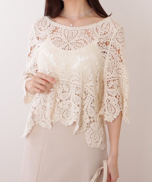 Lace Ladies(レースレディース)の「クロシェ編み スカラップ 7分袖 ショート トップス(その他トップス・レディース・アイボリー/ホワイト・FREE)」の5枚目の写真