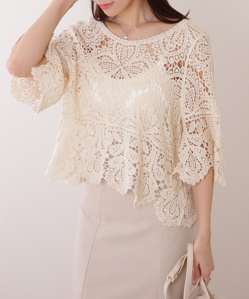 Lace Ladies(レースレディース)の「クロシェ編み スカラップ 7分袖 ショート トップス(その他トップス・レディース・アイボリー/ホワイト・FREE)」の6枚目の写真