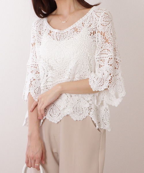 Lace Ladies(レースレディース)の「クロシェ編み スカラップ 7分袖 ショート トップス(その他トップス・レディース・アイボリー/ホワイト・FREE)」の10枚目の写真