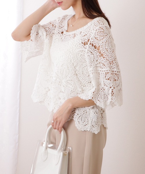 Lace Ladies(レースレディース)の「クロシェ編み スカラップ 7分袖 ショート トップス(その他トップス・レディース・アイボリー/ホワイト・FREE)」の11枚目の写真