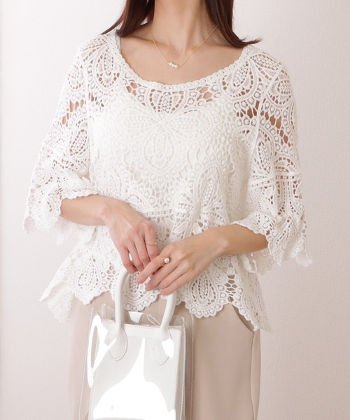 Lace Ladies(レースレディース)の「クロシェ編み スカラップ 7分袖 ショート トップス(その他トップス・レディース・アイボリー/ホワイト・FREE)」の13枚目の写真