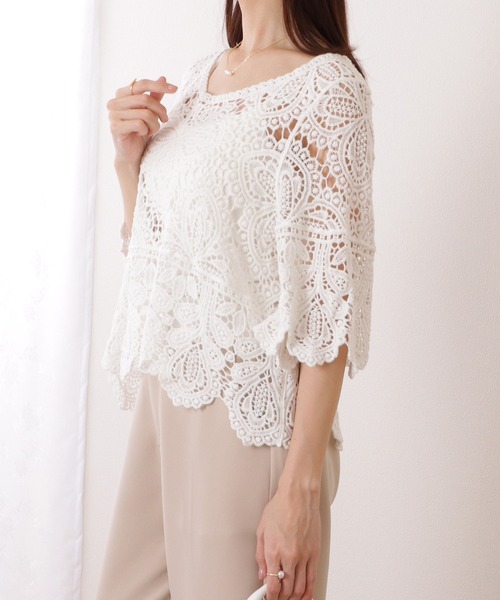 Lace Ladies(レースレディース)の「クロシェ編み スカラップ 7分袖 ショート トップス(その他トップス・レディース・アイボリー/ホワイト・FREE)」の14枚目の写真