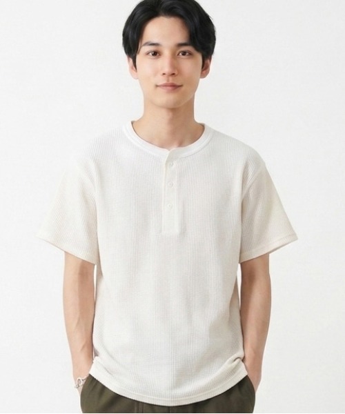 JEMORGAN（ジェーイーモーガン）の「【JEMORGAN / ジェーイーモーガン】ワッフルヘンリーネック　パック入り半袖Tシャツ（Tシャツ/カットソー・メンズ・ネイビー/ホワイト/ブラック/カーキ/ナチュラル/杢グレー・M/L/XL/S）」の4枚目の写真