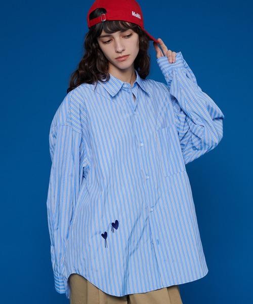 ONCILY シャツ HEART EMBROIDERY STRIPE SHIRT / ハート刺繍