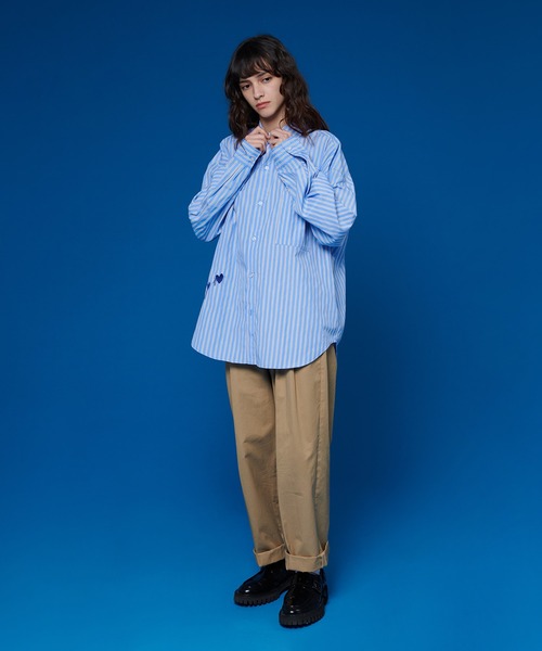 セール】HEART EMBROIDERY STRIPE SHIRT / ハート刺繍ストライプ