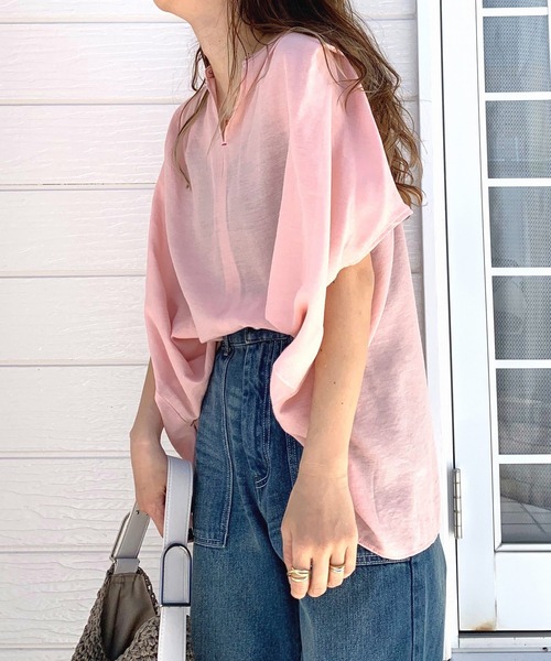 Q（キュー）の「シアーレーヨンスキッパーシャツ（シャツ/ブラウス・レディース・ピンク/ブラック/ベージュ/バーガンディー/マスタード・MEDIUM）」の9枚目の写真