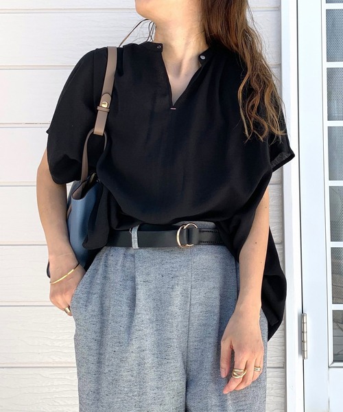 Q（キュー）の「シアーレーヨンスキッパーシャツ（シャツ/ブラウス・レディース・ピンク/ブラック/ベージュ/バーガンディー/マスタード・MEDIUM）」の10枚目の写真