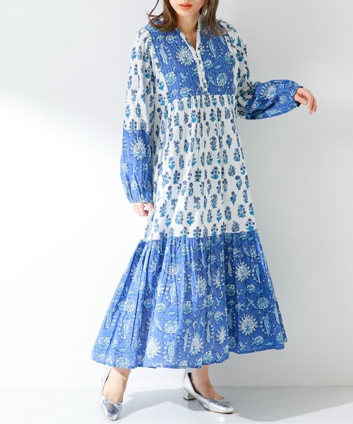 自由区【洗える】ERICAパネルプリント ワンピ ース新品リッツブルー系40L セール】 【洗える】ERICAパネルプリント ワンピース （ロング