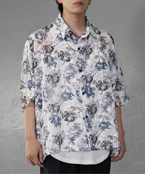 MinoriTY(マイノリティ)の「【MinoriTY】透かしフラワードルマンシルエットシャツ シアートップス メンズ 透かしシャツ 半袖シャツ オーバーサイズ ビッグシルエット ルーズシルエット 秋服 夏服(シャツ/ブラウス・メンズ・ネイビー/ホワイト・S/M/L)」の9枚目の写真