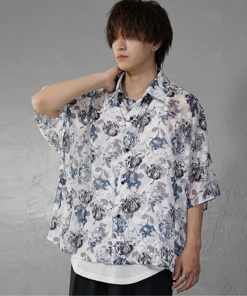 MinoriTY(マイノリティ)の「【MinoriTY】透かしフラワードルマンシルエットシャツ シアートップス メンズ 透かしシャツ 半袖シャツ オーバーサイズ ビッグシルエット ルーズシルエット 秋服 夏服(シャツ/ブラウス・メンズ・ネイビー/ホワイト・S/M/L)」の10枚目の写真