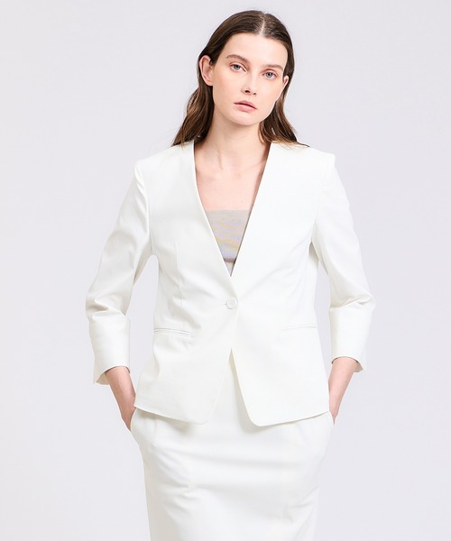 ESTNATION（エストネーション）の「ESTNATION / コットンオックスノーカラージャケット（ノーカラージャケット・レディース・ネイビー/ホワイト・38/36）」の2枚目の写真