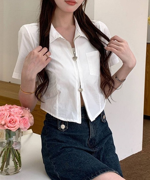 gossip！ロサンゼルス（ゴシップロサンゼルス）の「YUGA　ハートダブルジッパー　ショートトップ（シャツ/ブラウス・レディース・ブルー/ホワイト・FREE）」の20枚目の写真