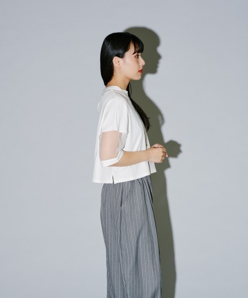 JUN⭐︎ Bourgine フリル ショート丈 カットソー セール】コンビネーションシアーショート丈カットソー（Tシャツ