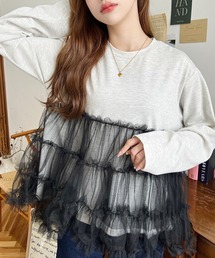 綿100%天竺. ボリュームティアードチュールドッキングロングTシャツ
