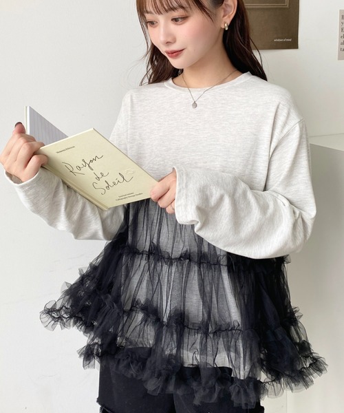 moment+(モーメントプラス)の「綿100%天竺. ボリュームティアードチュールドッキングロングTシャツ(Tシャツ/カットソー・レディース・ブラック系その他/オートミール/ブラック/オフホワイト・M)」の15枚目の写真
