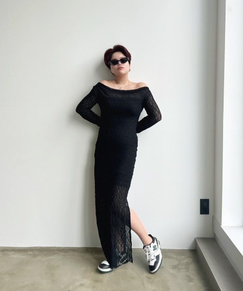 WONEM（ウォンエム）の「ドレープオフショルレースロングワンピース（ワンピース・レディース・ネイビー/ブラック/グレー・FREE）」の6枚目の写真