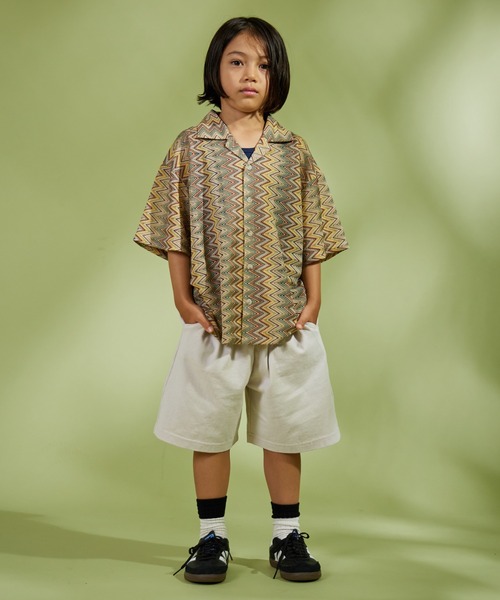 PAIRMANON STREET(ペアマノンストリート)の「【PAIRMANON STREET】マルチストライプ 透かし編み オープンカラー シャツ(シャツ/ブラウス・キッズ・ベージュ/ブラウン/ブルー・150/130/160/100/140/120/90/110)」の4枚目の写真