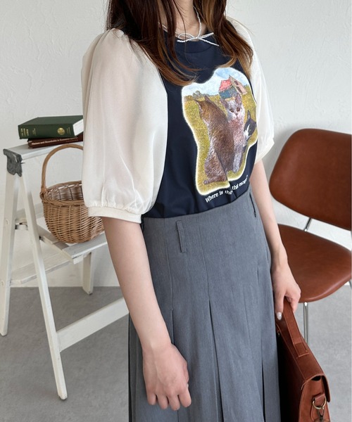 kutir（クティール）の「チュールドッキングパフスリーブ猫Tシャツ（Tシャツ/カットソー・レディース・ボルドー/ネイビー/アイボリー・FREE）」の14枚目の写真