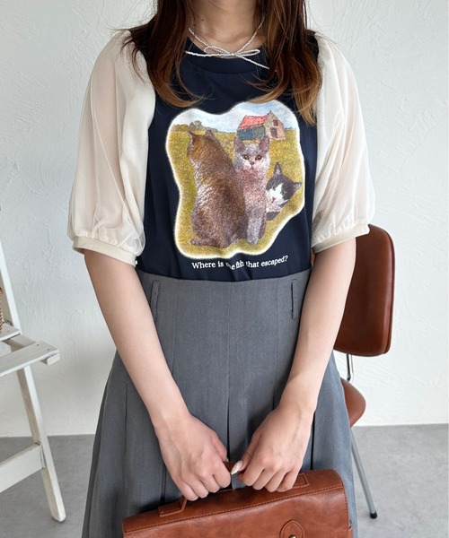 kutir（クティール）の「チュールドッキングパフスリーブ猫Tシャツ（Tシャツ/カットソー・レディース・ボルドー/ネイビー/アイボリー・FREE）」の13枚目の写真