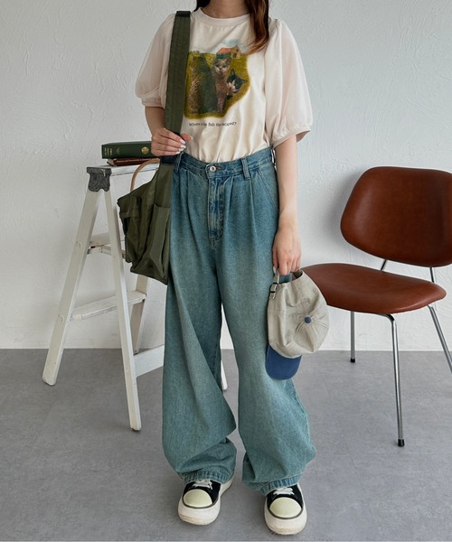 kutir（クティール）の「チュールドッキングパフスリーブ猫Tシャツ（Tシャツ/カットソー・レディース・ボルドー/ネイビー/アイボリー・FREE）」の9枚目の写真
