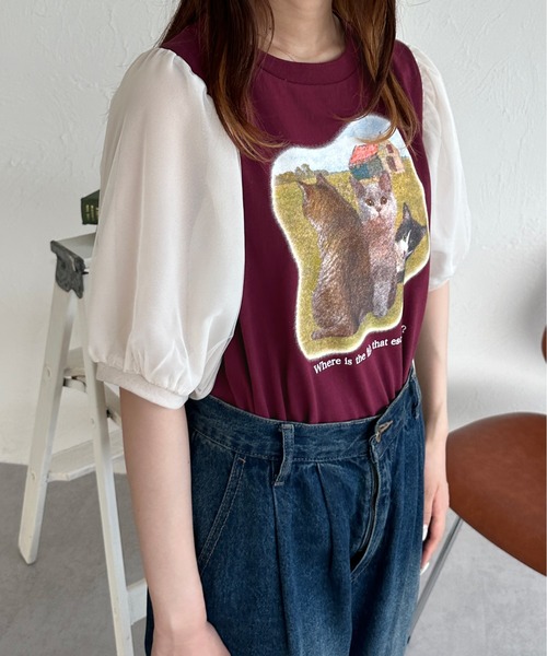 kutir（クティール）の「チュールドッキングパフスリーブ猫Tシャツ（Tシャツ/カットソー・レディース・ボルドー/ネイビー/アイボリー・FREE）」の21枚目の写真