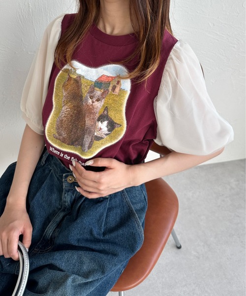 kutir（クティール）の「チュールドッキングパフスリーブ猫Tシャツ（Tシャツ/カットソー・レディース・ボルドー/ネイビー/アイボリー・FREE）」の20枚目の写真