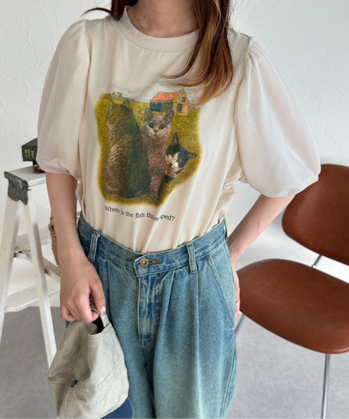 セール】チュールドッキングパフスリーブ猫Tシャツ（Tシャツ