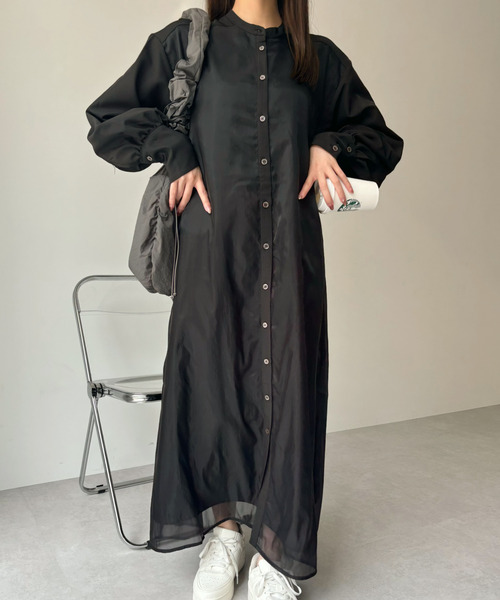 Eclat one(エクラワン)の「【Eclat one】オーガンジー ドッキング バンドカラー シャツワンピース(シャツワンピース・レディース・グレイッシュベージュ/ブラック/チャコール・FREE)」の13枚目の写真
