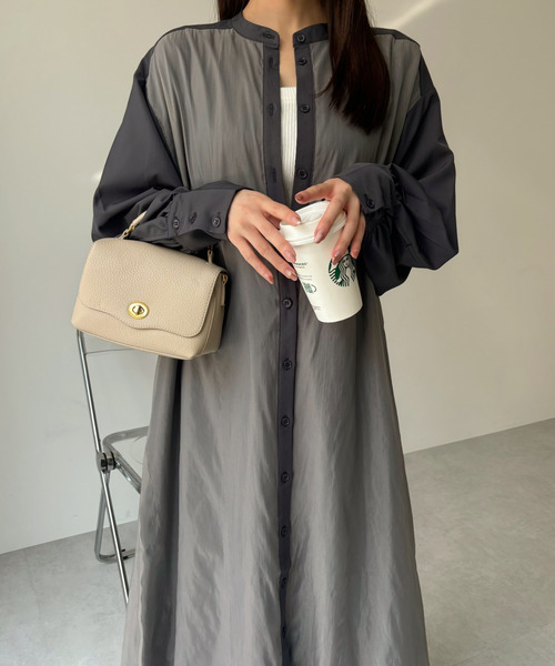 Eclat one(エクラワン)の「【Eclat one】オーガンジー ドッキング バンドカラー シャツワンピース(シャツワンピース・レディース・グレイッシュベージュ/ブラック/チャコール・FREE)」の15枚目の写真