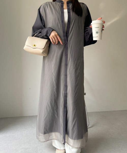 Eclat one(エクラワン)の「【Eclat one】オーガンジー ドッキング バンドカラー シャツワンピース(シャツワンピース・レディース・グレイッシュベージュ/ブラック/チャコール・FREE)」の16枚目の写真