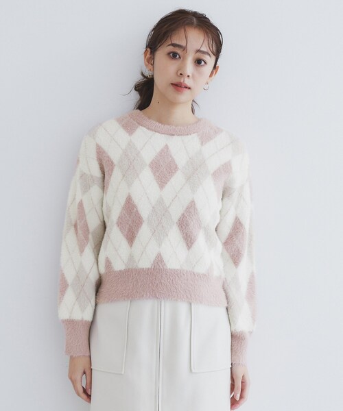 セール】アーガイルチェックフェザーニット【洗濯機洗い可】（ニット