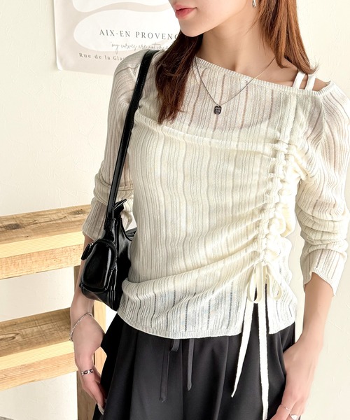 mily bilet(ミウィビレット)の「【mily bilet】可愛さ倍増!ドロストリボンシアー長袖オフショルリブニット(ニット/セーター・レディース・ピンク/チャコールグレー/アイボリー・MEDIUM/X-LARGE/SMALL/LARGE)」の1枚目の写真