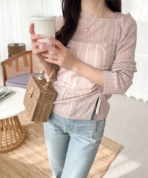 mily bilet(ミウィビレット)の「【mily bilet】可愛さ倍増!ドロストリボンシアー長袖オフショルリブニット(ニット/セーター・レディース・ピンク/チャコールグレー/アイボリー・MEDIUM/X-LARGE/SMALL/LARGE)」の17枚目の写真