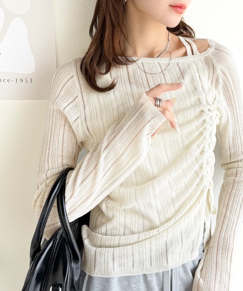mily bilet(ミウィビレット)の「【mily bilet】可愛さ倍増!ドロストリボンシアー長袖オフショルリブニット(ニット/セーター・レディース・ピンク/チャコールグレー/アイボリー・MEDIUM/X-LARGE/SMALL/LARGE)」の7枚目の写真