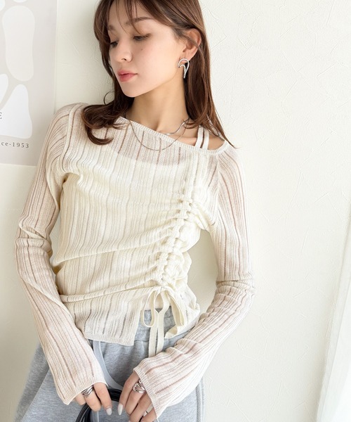 mily bilet(ミウィビレット)の「【mily bilet】可愛さ倍増!ドロストリボンシアー長袖オフショルリブニット(ニット/セーター・レディース・ピンク/チャコールグレー/アイボリー・MEDIUM/X-LARGE/SMALL/LARGE)」の8枚目の写真