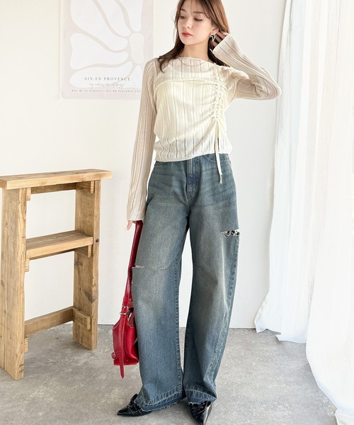mily bilet(ミウィビレット)の「【mily bilet】可愛さ倍増!ドロストリボンシアー長袖オフショルリブニット(ニット/セーター・レディース・ピンク/チャコールグレー/アイボリー・MEDIUM/X-LARGE/SMALL/LARGE)」の6枚目の写真