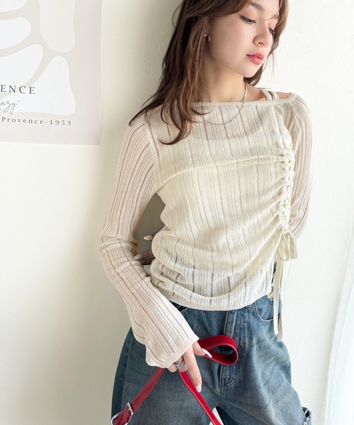 mily bilet(ミウィビレット)の「【mily bilet】可愛さ倍増!ドロストリボンシアー長袖オフショルリブニット(ニット/セーター・レディース・ピンク/チャコールグレー/アイボリー・MEDIUM/X-LARGE/SMALL/LARGE)」の4枚目の写真